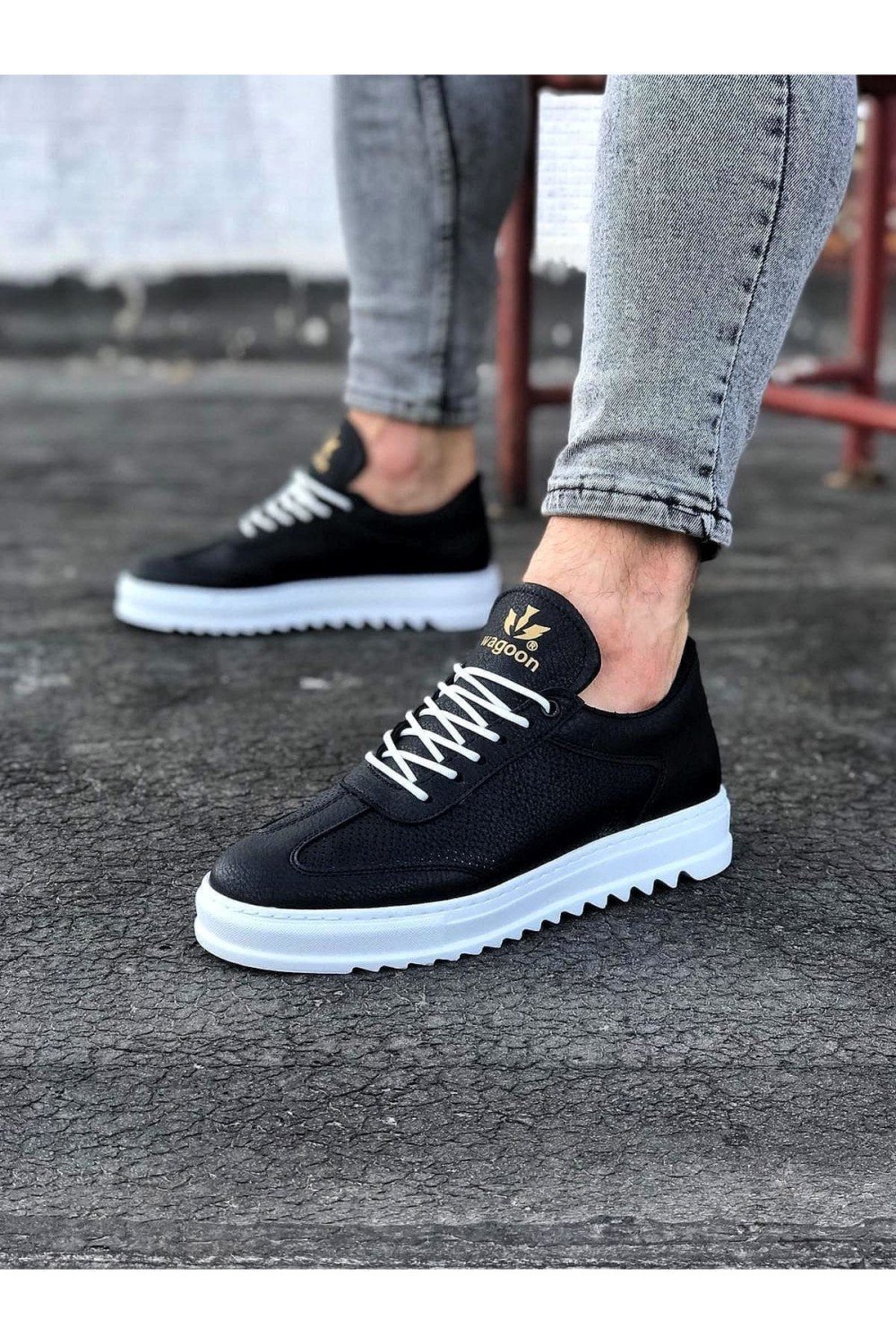 WG022 Erkek Günlük Bağcıklı Delikli Desen Cilt Spor Sneaker Ayakkabı CBT - Siyah – Wagoon Erkek Ayakkabı
