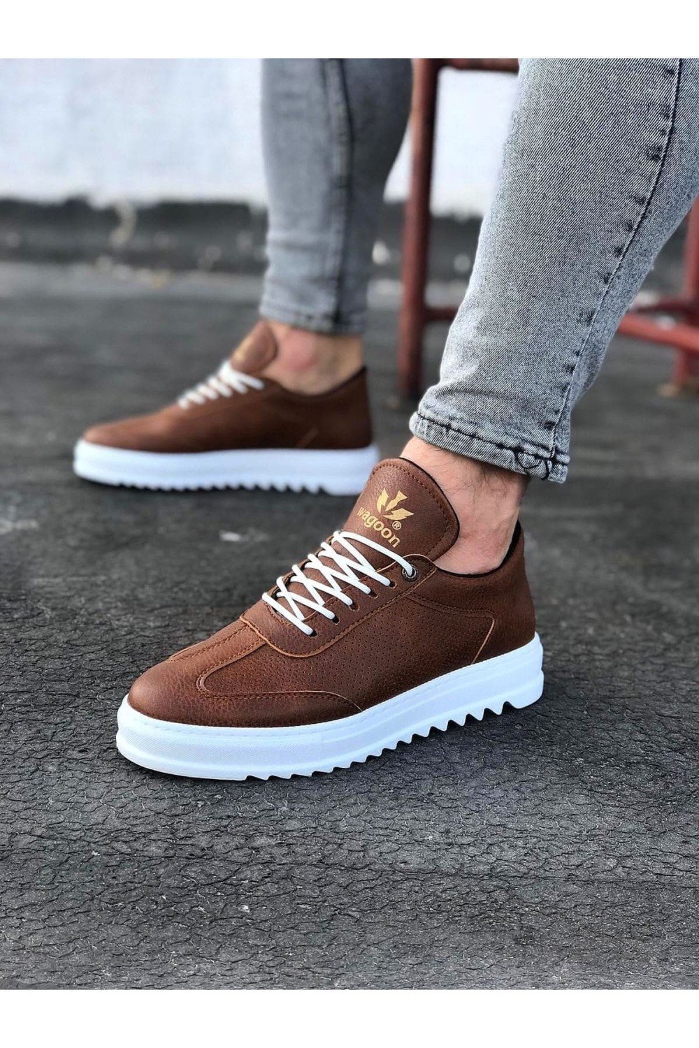 WG022 Erkek Günlük Bağcıklı Delikli Desen Cilt Spor Sneaker Ayakkabı CBT - Taba – Wagoon Erkek Ayakkabı