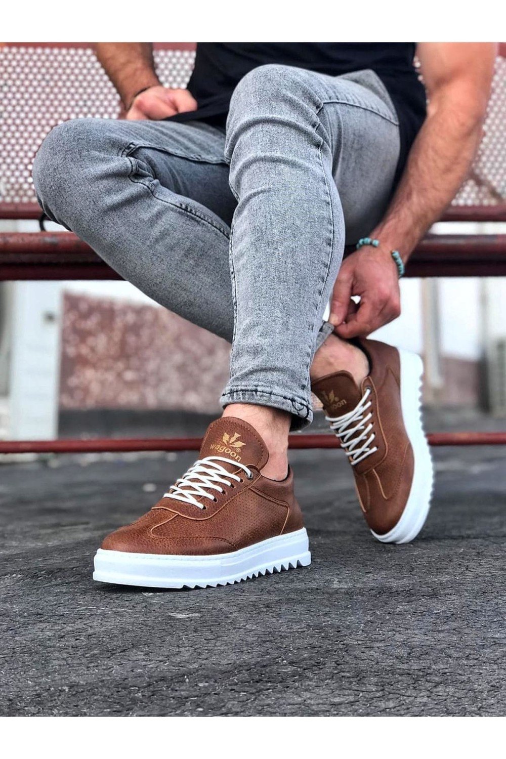 WG022 Erkek Günlük Bağcıklı Delikli Desen Cilt Spor Sneaker Ayakkabı CBT - Taba – Wagoon Erkek Ayakkabı