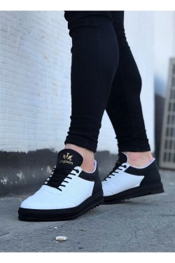 WG022 Erkek Günlük Bağcıklı Delikli Desen Cilt Spor Sneaker Ayakkabı CST - Beyaz/Siyah