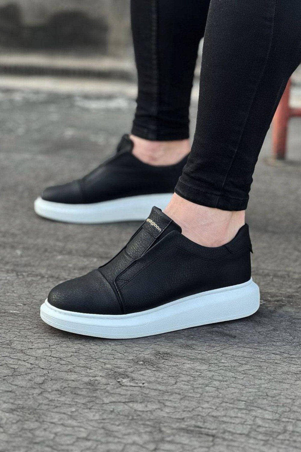 WG023 Erkek Günlük Bağcıksız Cilt Spor Sneaker Ayakkabı CBT - Siyah – Wagoon Erkek Ayakkabı