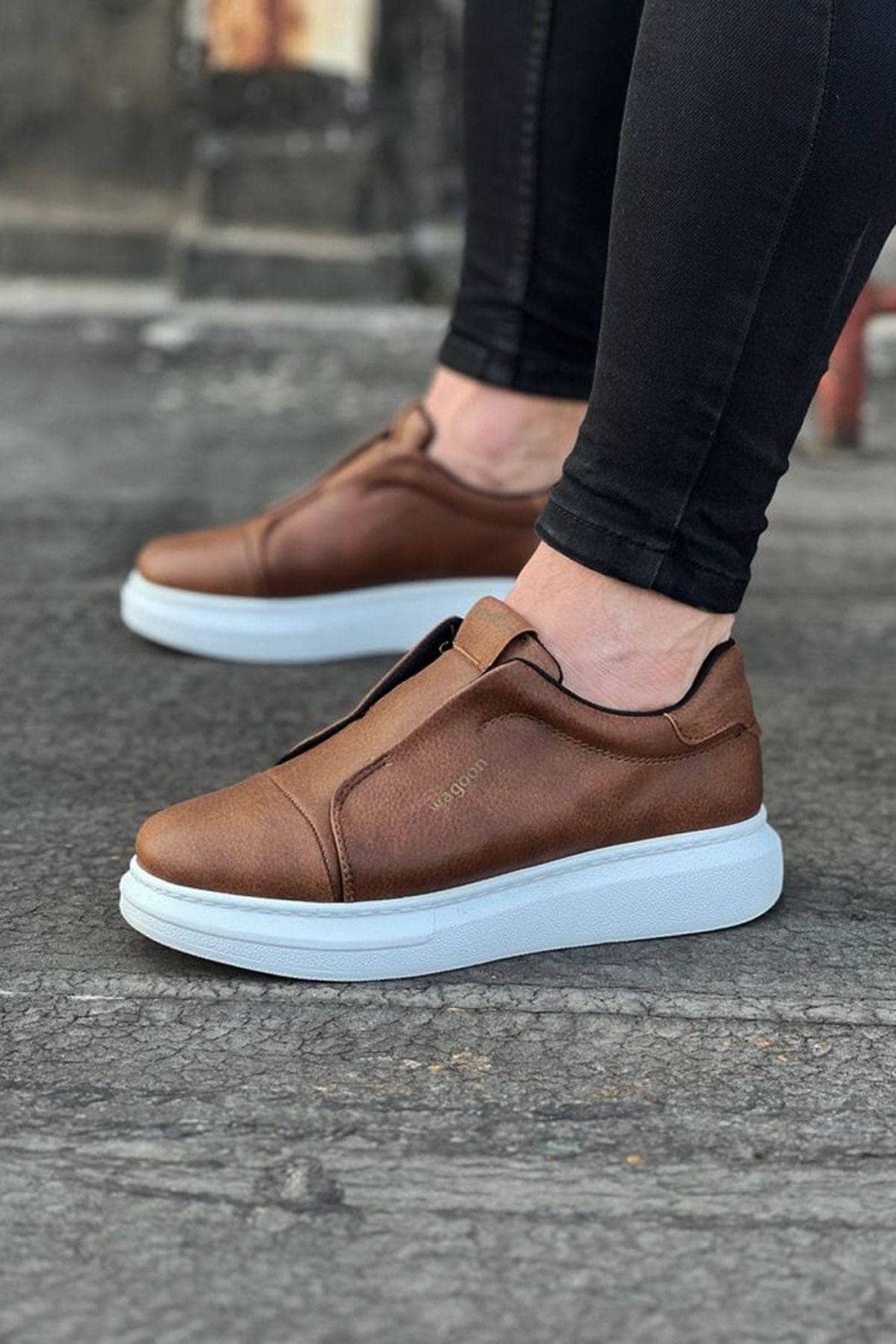 WG023 Erkek Günlük Bağcıksız Cilt Spor Sneaker Ayakkabı CBT - Taba – Wagoon Erkek Ayakkabı