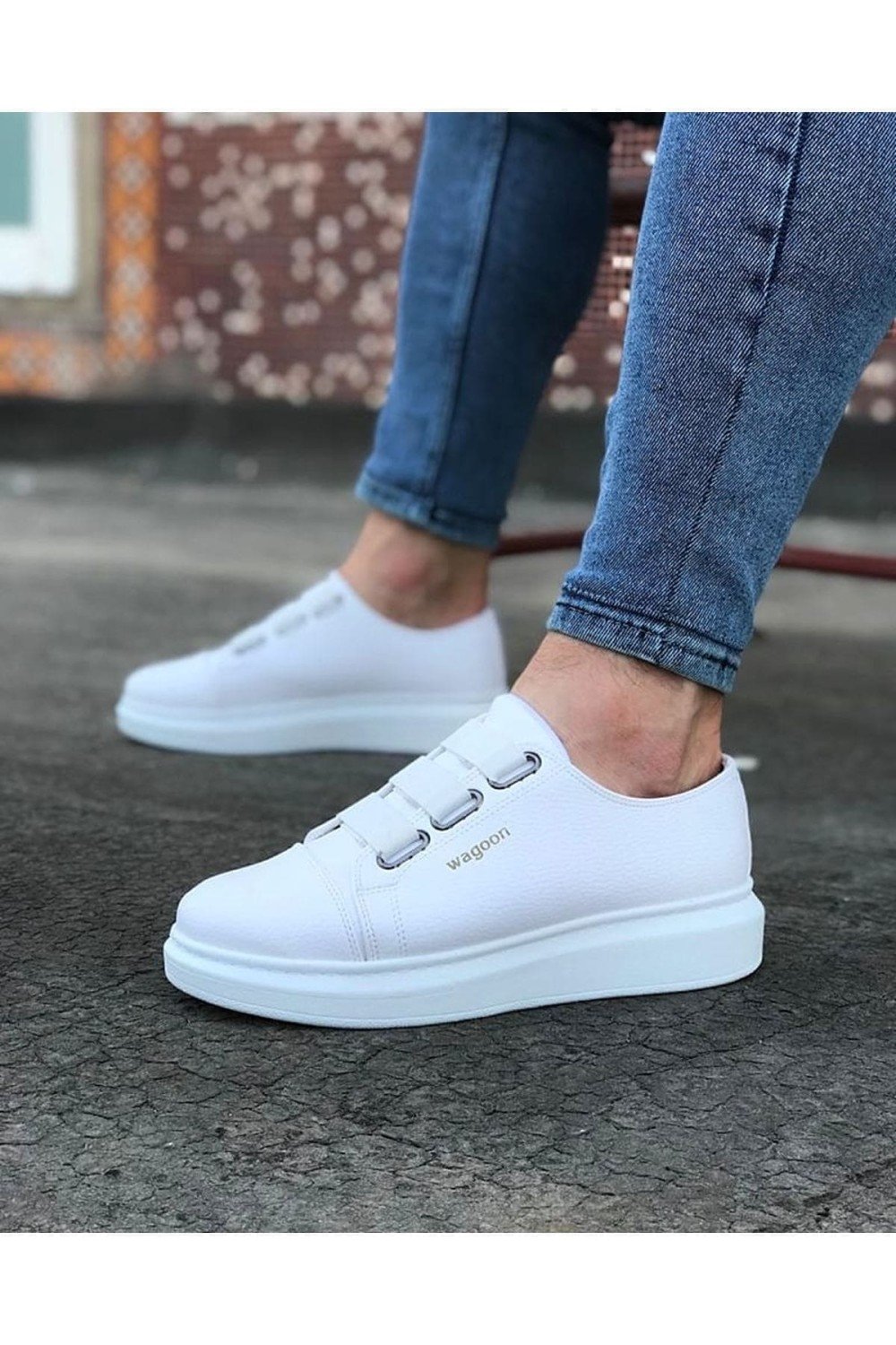 WG026 Erkek Günlük Lastikli Cilt Spor Sneaker Ayakkabı CBT - Beyaz – Wagoon Erkek Ayakkabı