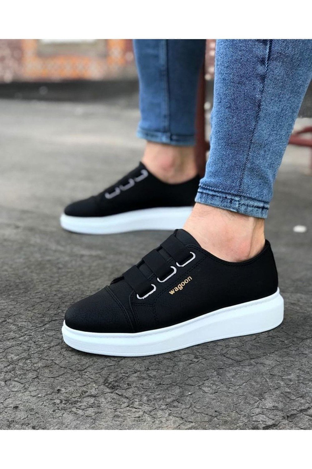 WG026 Erkek Günlük Lastikli Cilt Spor Sneaker Ayakkabı CBT - Siyah – Wagoon Erkek Ayakkabı