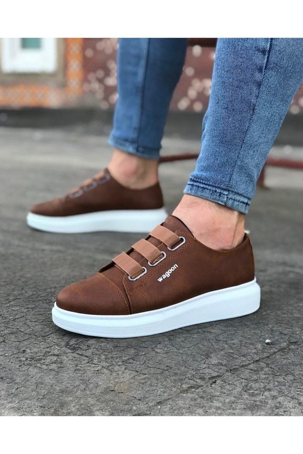WG026 Erkek Günlük Lastikli Cilt Spor Sneaker Ayakkabı CBT - Taba – Wagoon Erkek Ayakkabı