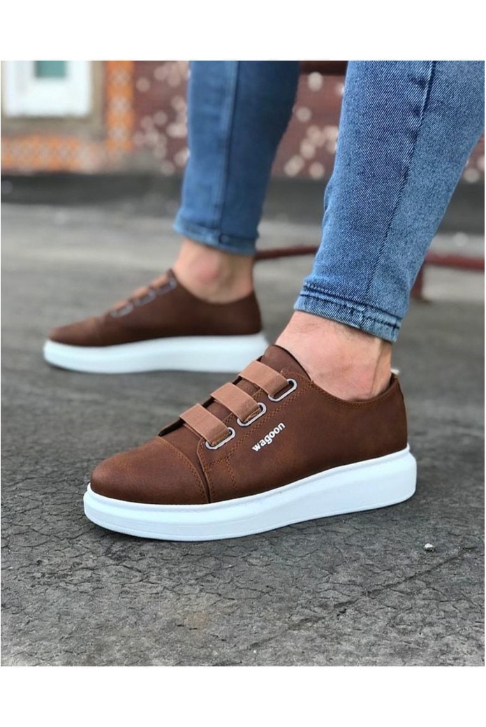WG026 Erkek Günlük Lastikli Cilt Spor Sneaker Ayakkabı CBT - Taba