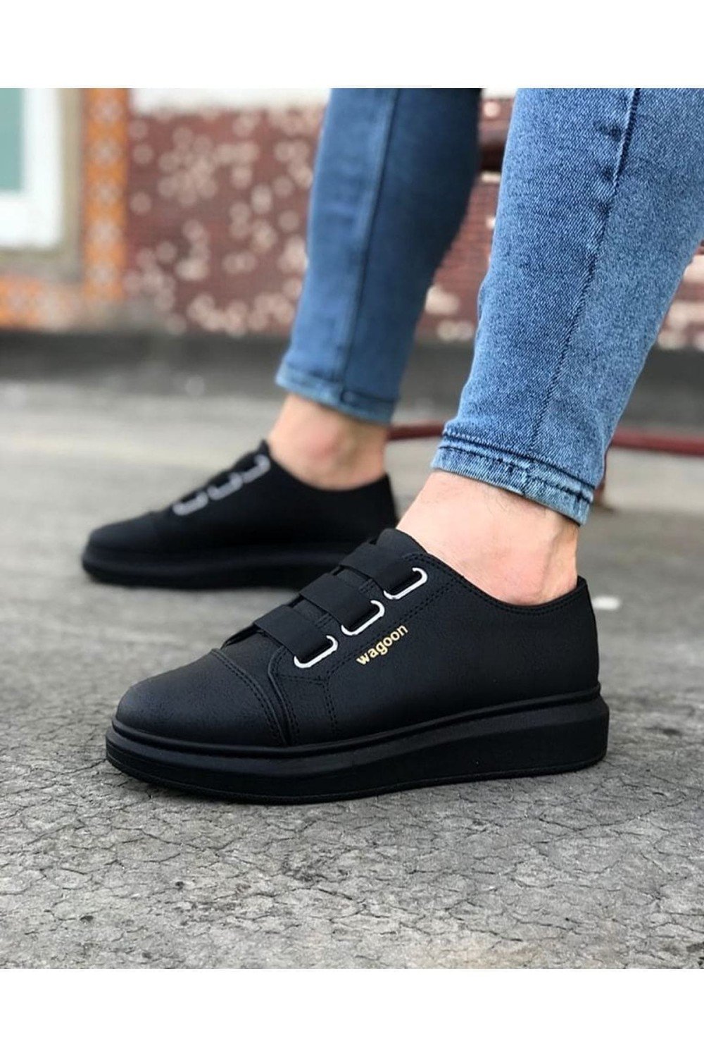 WG026 Erkek Günlük Lastikli Cilt Spor Sneaker Ayakkabı CST - Siyah – Wagoon Erkek Ayakkabı