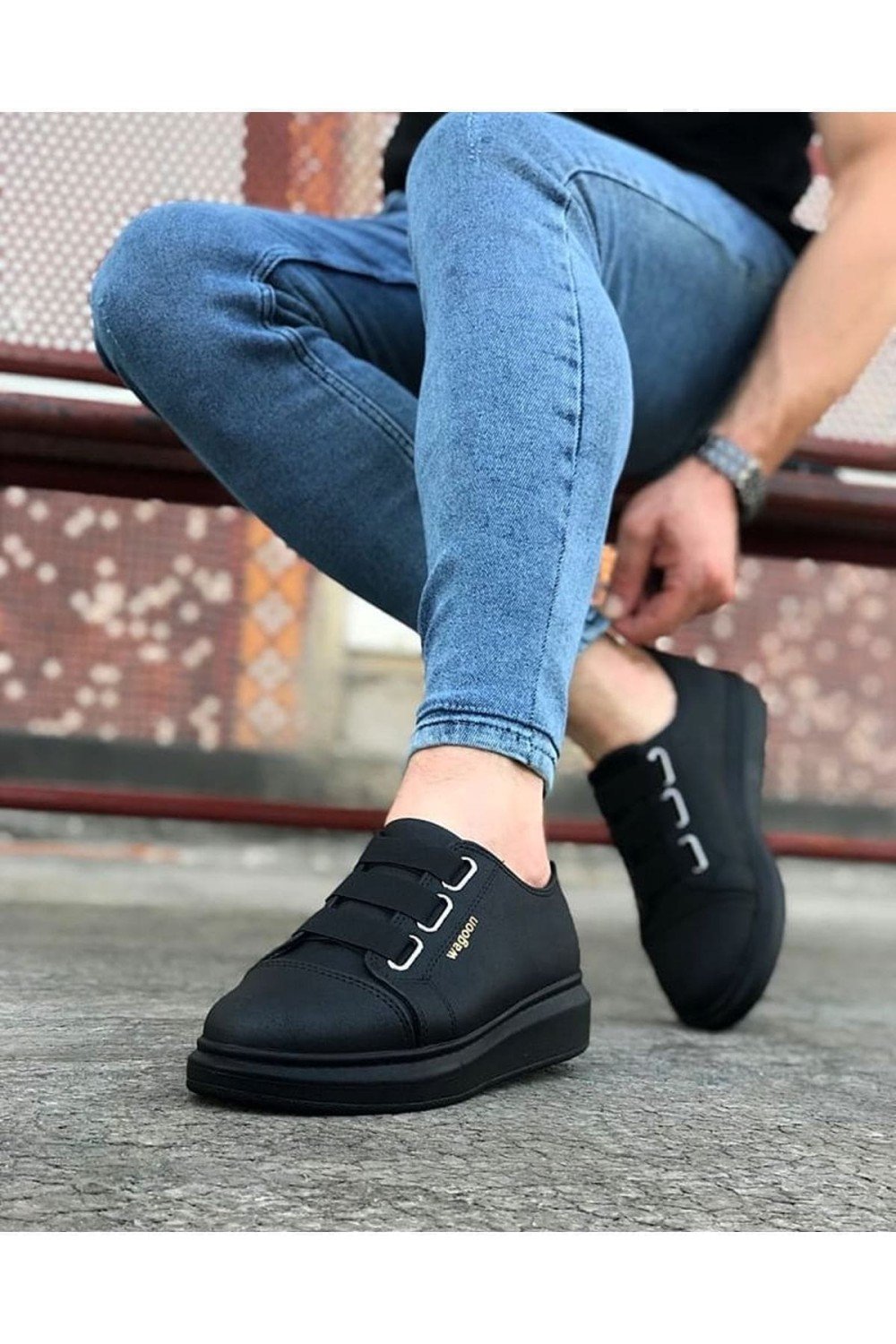 WG026 Erkek Günlük Lastikli Cilt Spor Sneaker Ayakkabı CST - Siyah – Wagoon Erkek Ayakkabı