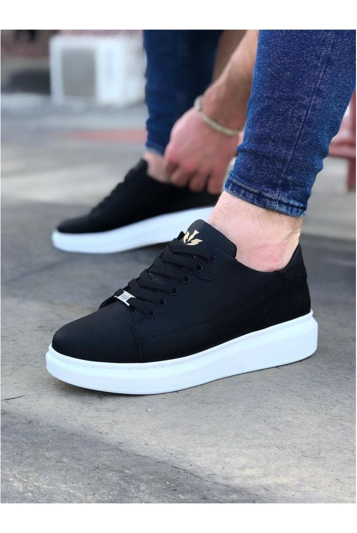 WG028 Erkek Günlük Bağcıklı Cilt Spor Sneaker Ayakkabı CBT - Siyah
