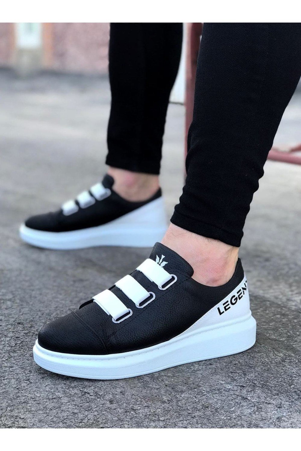 WG029 Erkek Günlük Lastikli Legend Cilt Spor Sneaker Ayakkabı CBT - Siyah/Beyaz – Wagoon Erkek Ayakkabı