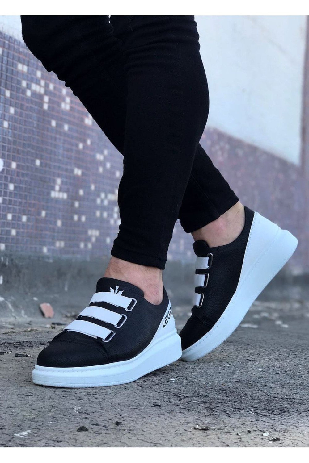 WG029 Erkek Günlük Lastikli Legend Cilt Spor Sneaker Ayakkabı CBT - Siyah/Beyaz – Wagoon Erkek Ayakkabı