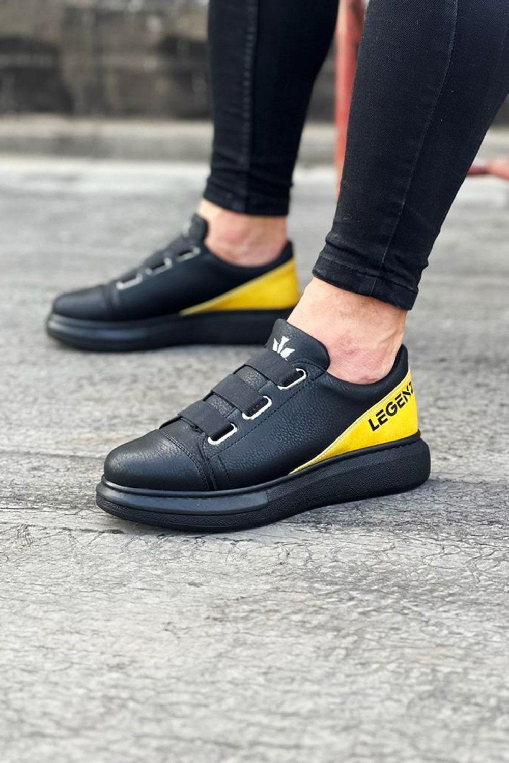 WG029 Erkek Günlük Lastikli Legend Cilt Spor Sneaker Ayakkabı CST - Siyah/Sarı – Wagoon Erkek Ayakkabı