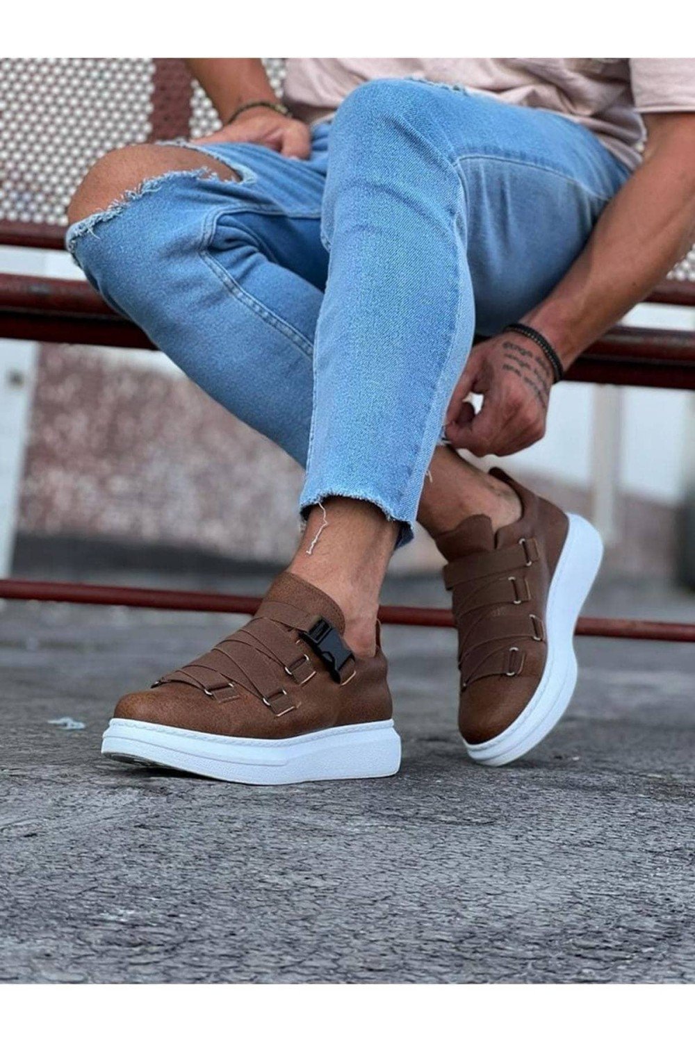 WG033 Erkek Günlük Tokalı Cilt Spor Sneaker Ayakkabı CBT - Taba – Wagoon Erkek Ayakkabı