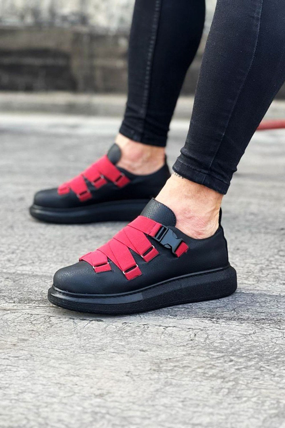 WG033 Erkek Günlük Tokalı Cilt Spor Sneaker Ayakkabı CST - Siyah/Kırmızı – Wagoon Erkek Ayakkabı