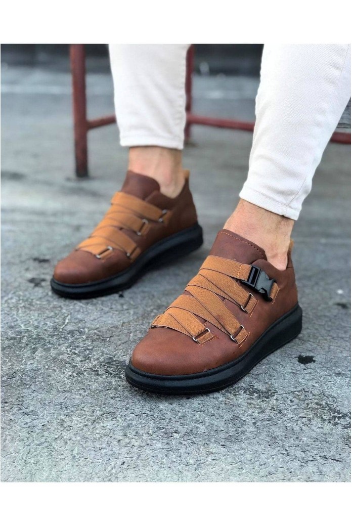 WG033 Erkek Günlük Tokalı Cilt Spor Sneaker Ayakkabı CST - Taba