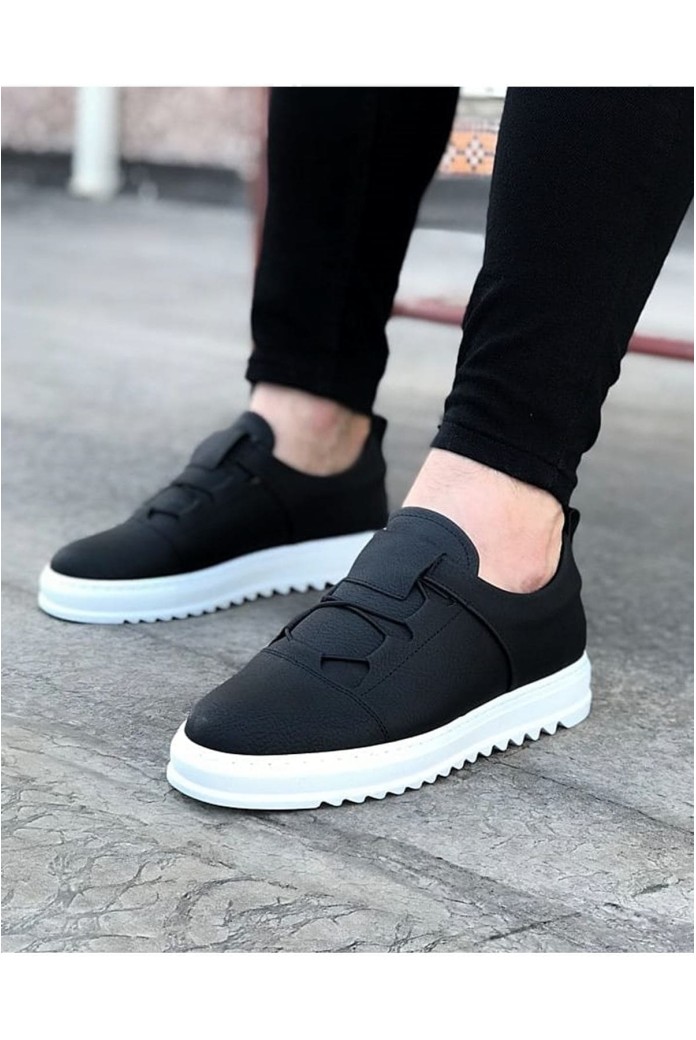 WG036 Erkek Günlük Bağcıklı Lastikli Cilt Spor Sneaker Ayakkabı CBT - Siyah