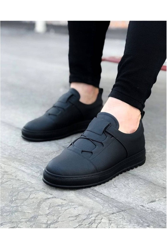 WG036 Erkek Günlük Bağcıklı Lastikli Cilt Spor Sneaker Ayakkabı CST - Siyah