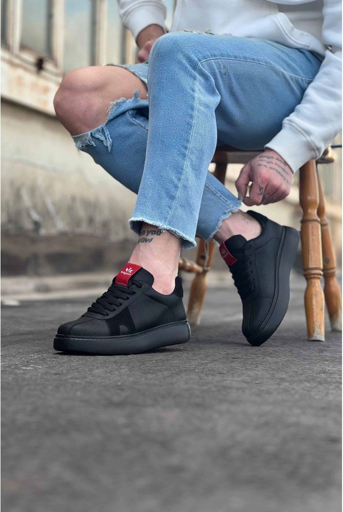 WG040 Erkek Günlük Bağcıklı Cilt Spor Sneaker Ayakkabı CST - Siyah