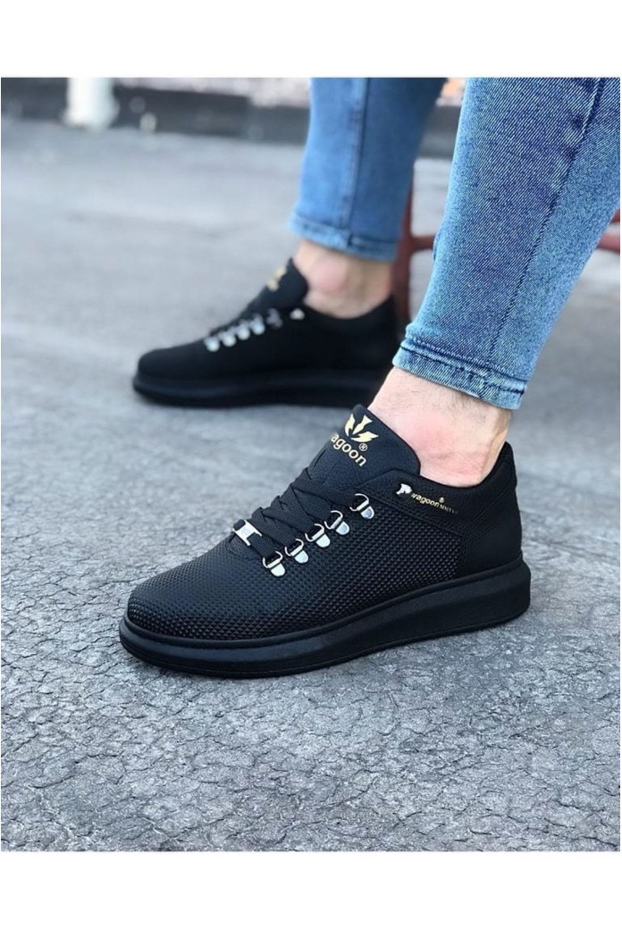 WG047 Erkek Günlük Bağcıklı Cilt Spor Sneaker Ayakkabı CST - Siyah