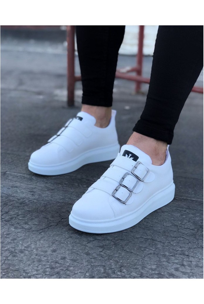 WG050 Erkek Günlük Tokalı Cilt Spor Sneaker Ayakkabı CBT - Beyaz
