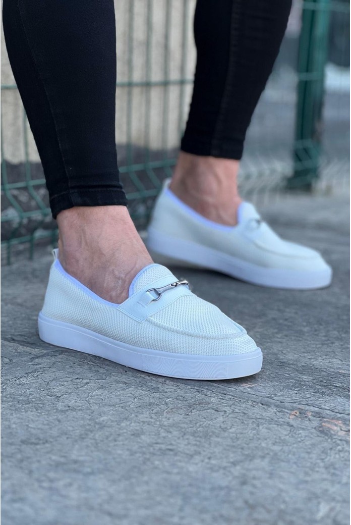 WG060 Erkek Günlük Bağcıksız Triko Cilt Klasik Ayakkabı TCBT - Beyaz