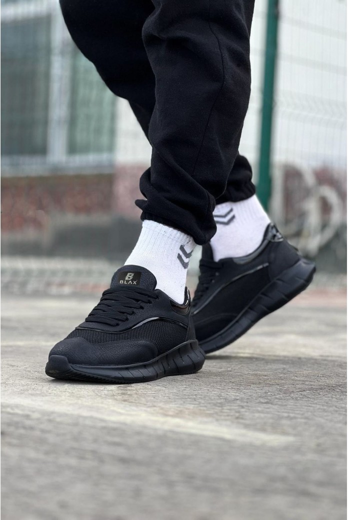 WG062 Erkek Günlük Bağcıklı Cilt Triko Spor Sneaker Ayakkabı CTST - Siyah