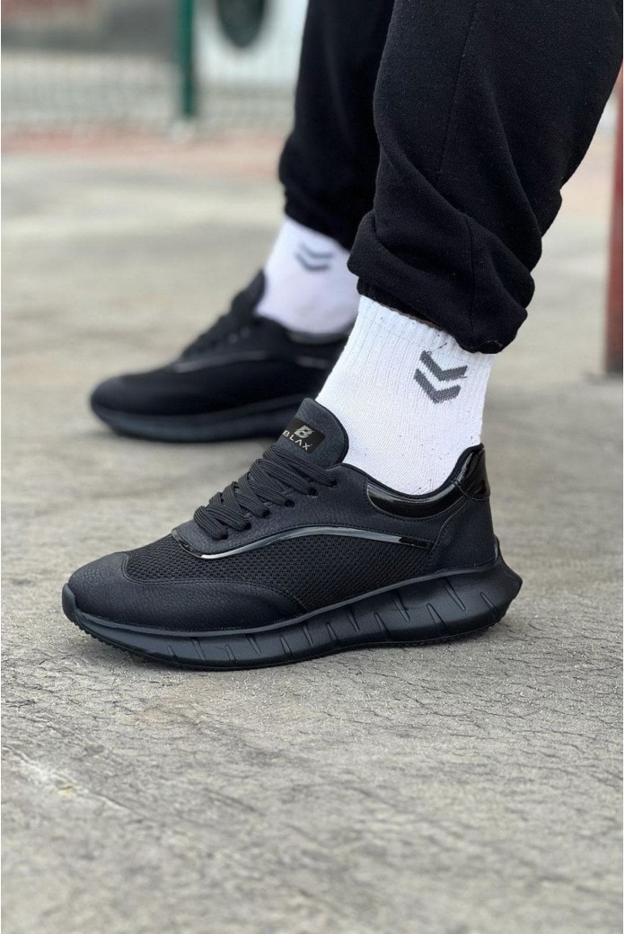 WG062 Erkek Günlük Bağcıklı Cilt Triko Spor Sneaker Ayakkabı CTST - Siyah