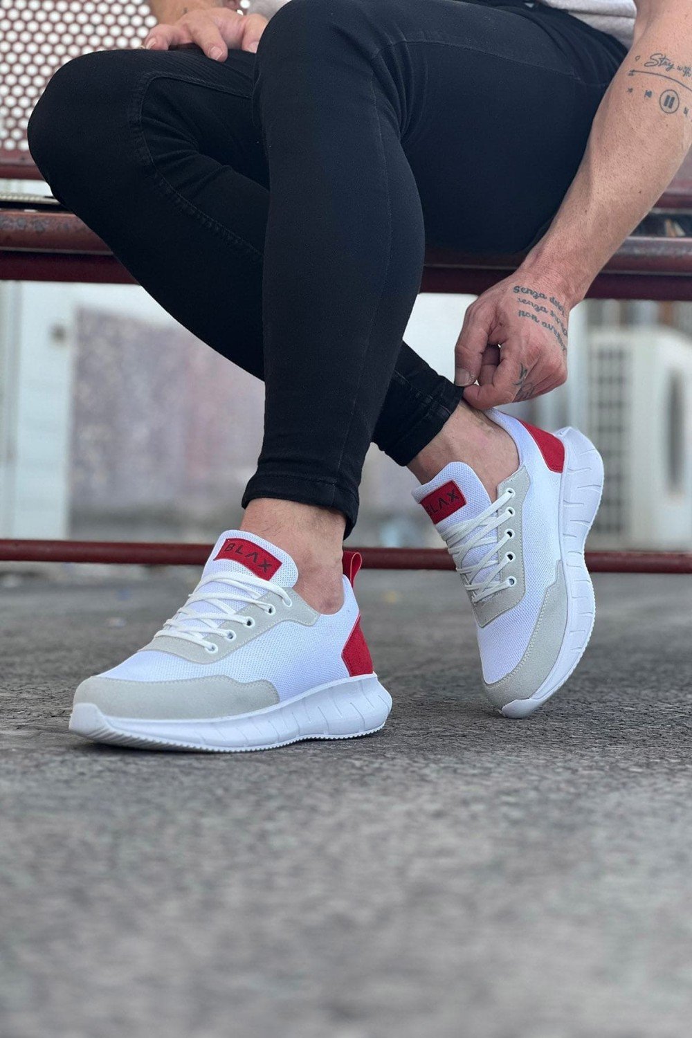 WG063 Erkek Günlük Bağcıklı Triko Süet Spor Sneaker Ayakkabı TSBT - Beyaz/Kırmızı – Wagoon Erkek Ayakkabı