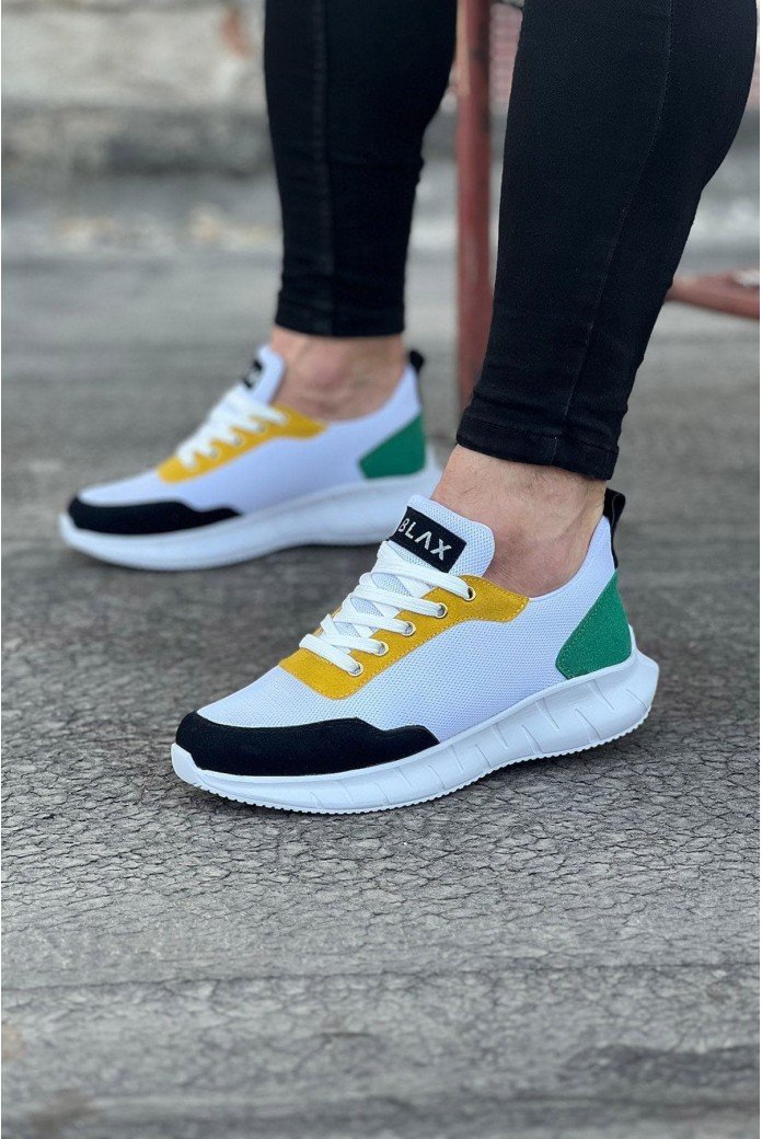 WG063 Erkek Günlük Bağcıklı Triko Süet Spor Sneaker Ayakkabı TSBT - Beyaz/Sarı