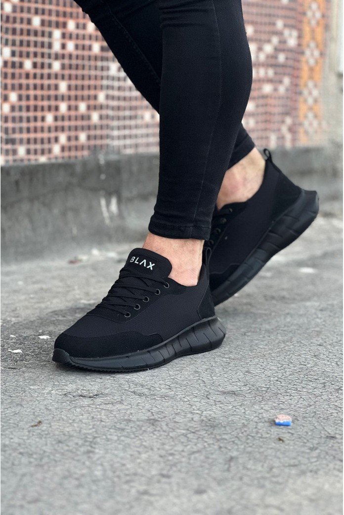 WG063 Erkek Günlük Bağcıklı Triko Süet Spor Sneaker Ayakkabı TSST - Siyah