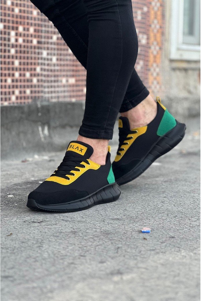 WG063 Erkek Günlük Bağcıklı Triko Süet Spor Sneaker Ayakkabı TSST - Siyah/Sarı