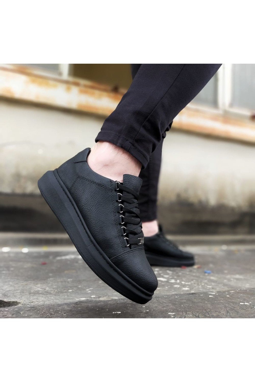 WG08 Erkek Günlük Bağcıklı Cilt Spor Sneaker Ayakkabı CST - Siyah – Wagoon Erkek Ayakkabı