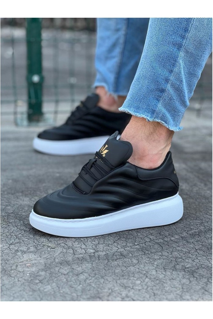 WG094 Erkek Günlük Bağcıklı Cilt Spor Sneaker Ayakkabı CBT - Siyah