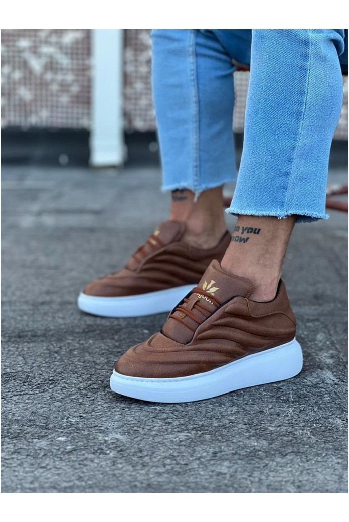 WG094 Erkek Günlük Bağcıklı Cilt Spor Sneaker Ayakkabı CBT - Taba