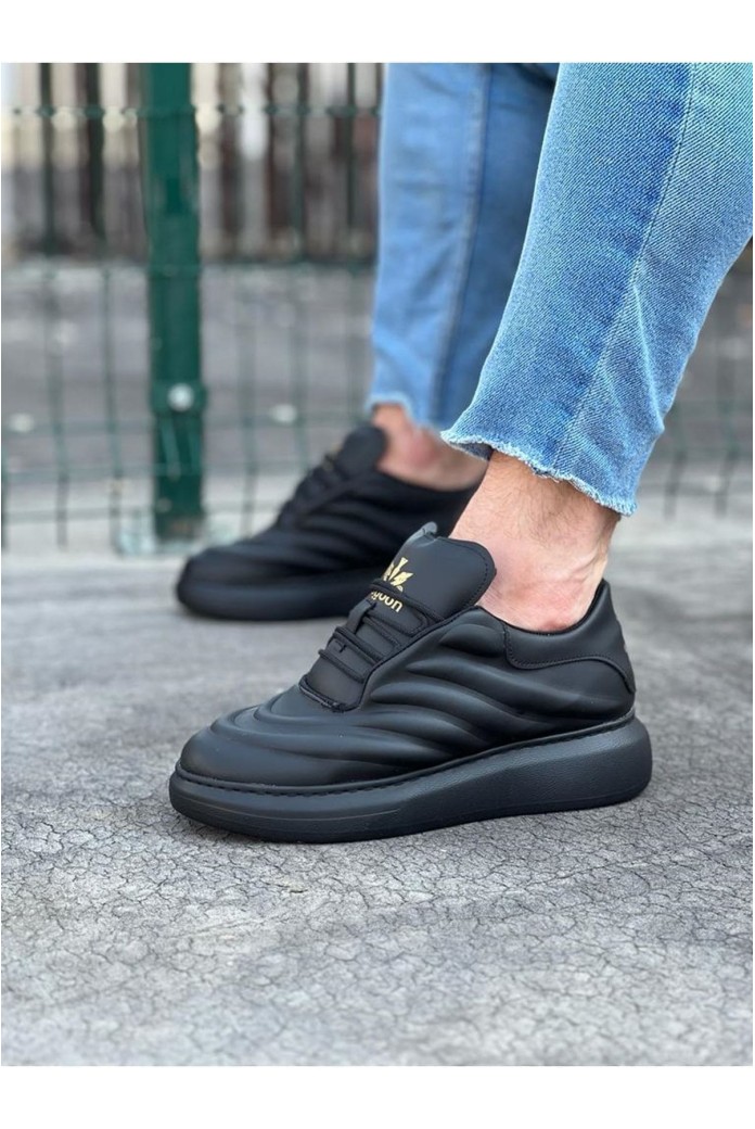 WG094 Erkek Günlük Bağcıklı Cilt Spor Sneaker Ayakkabı CST - Siyah