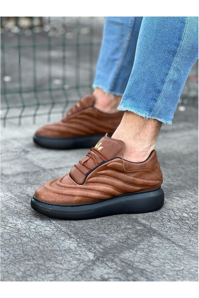 WG094 Erkek Günlük Bağcıklı Cilt Spor Sneaker Ayakkabı CST - Taba