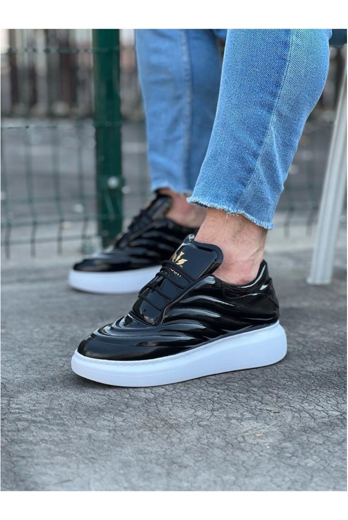 WG094 Erkek Günlük Bağcıklı Rugan Spor Sneaker Ayakkabı RBT - Siyah