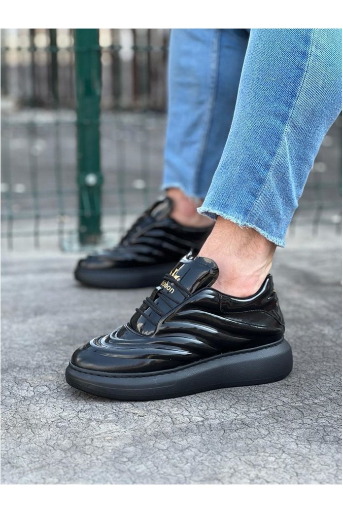 WG094 Erkek Günlük Bağcıklı Rugan Spor Sneaker Ayakkabı RST - Siyah