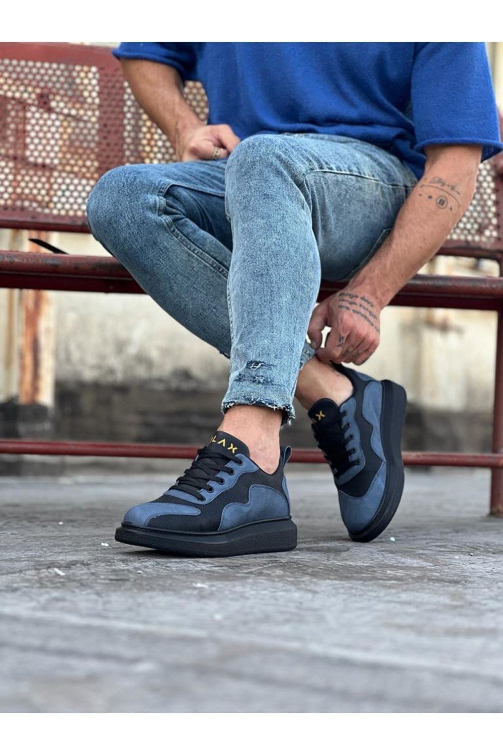 WG301 Erkek Günlük Bağcıklı Cilt Spor Sneaker Ayakkabı CST - Siyah/Mavi – Wagoon Erkek Ayakkabı