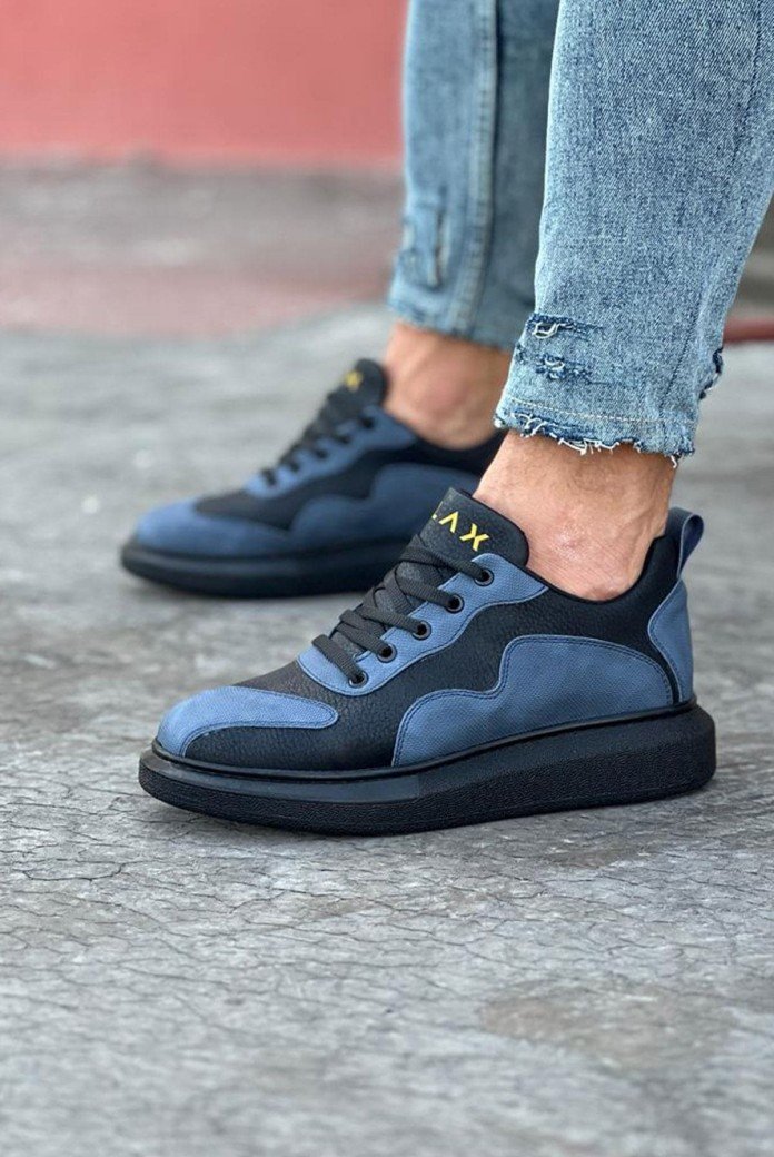 WG301 Erkek Günlük Bağcıklı Cilt Spor Sneaker Ayakkabı CST - Siyah/Mavi WG301 Erkek Günlük Bağcıklı Cilt Spor Sneaker Ayakkabı CST - Siyah/Mavi
