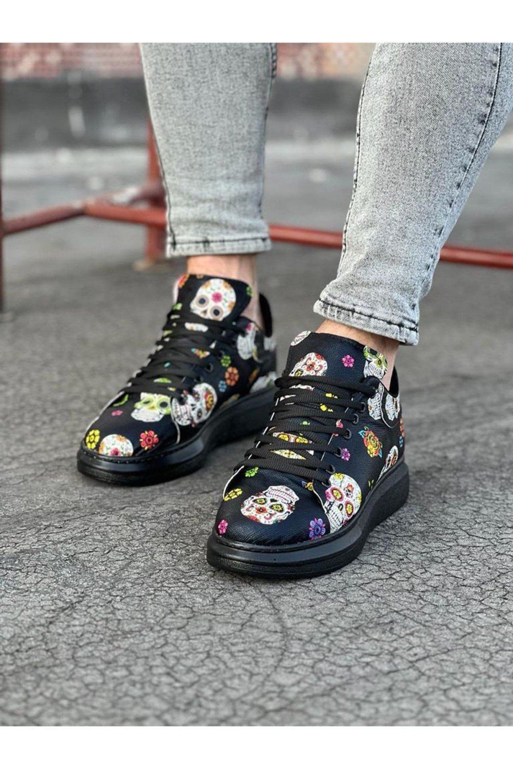 WG501 Erkek Günlük Bağcıklı Kurukafa Baskılı Cilt Spor Sneaker Ayakkabı CST - Siyah – Wagoon Erkek Ayakkabı