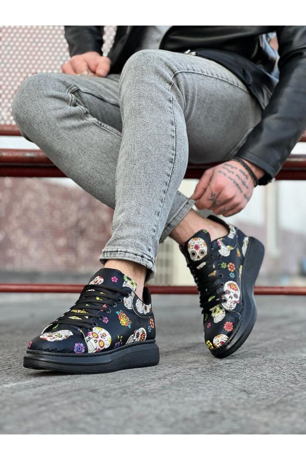WG501 Erkek Günlük Bağcıklı Kurukafa Baskılı Cilt Spor Sneaker Ayakkabı CST - Siyah – Wagoon Erkek Ayakkabı