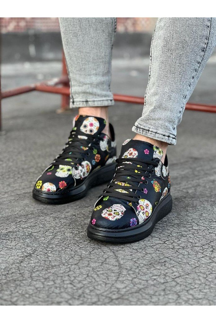WG501 Erkek Günlük Bağcıklı Kurukafa Baskılı Cilt Spor Sneaker Ayakkabı CST - Siyah WG501 Erkek Günlük Bağcıklı Kurukafa Baskılı Cilt Spor Sneaker Ayakkabı CST - Siyah