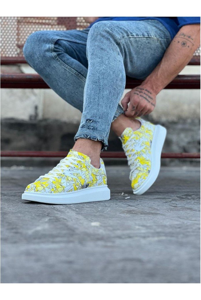 WG501 Erkek Günlük Bağcıklı Sarı Boyalı Cilt Spor Sneaker Ayakkabı CBT - Sarı