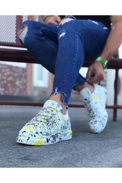 WG501 Erkek Günlük Bağcıklı Sarı Boyalı Cilt Spor Sneaker Ayakkabı CRT - Sarı