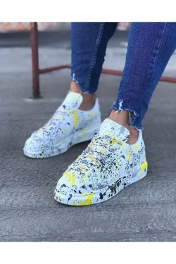 WG501 Erkek Günlük Bağcıklı Sarı Boyalı Cilt Spor Sneaker Ayakkabı CRT - Sarı