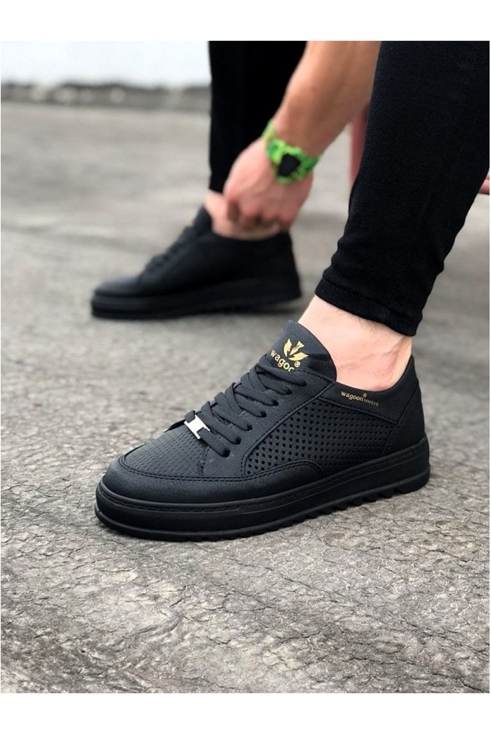 WG505 Erkek Günlük Bağcıklı Cilt Spor Sneaker Ayakkabı CST - Siyah