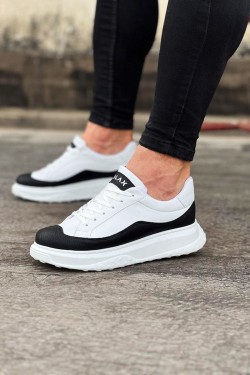 WG507 Erkek Günlük Bağcıklı Cilt Spor Sneaker Ayakkabı CBT - Beyaz/Siyah