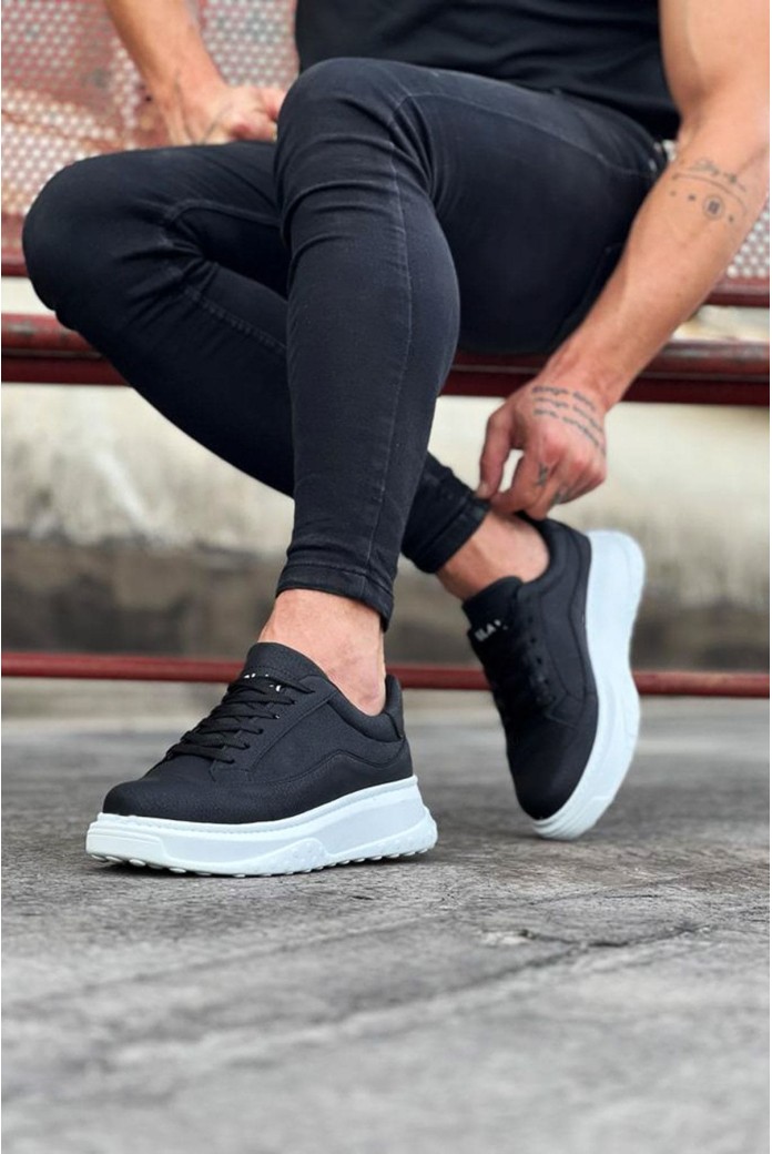WG507 Erkek Günlük Bağcıklı Cilt Spor Sneaker Ayakkabı CBT - Siyah