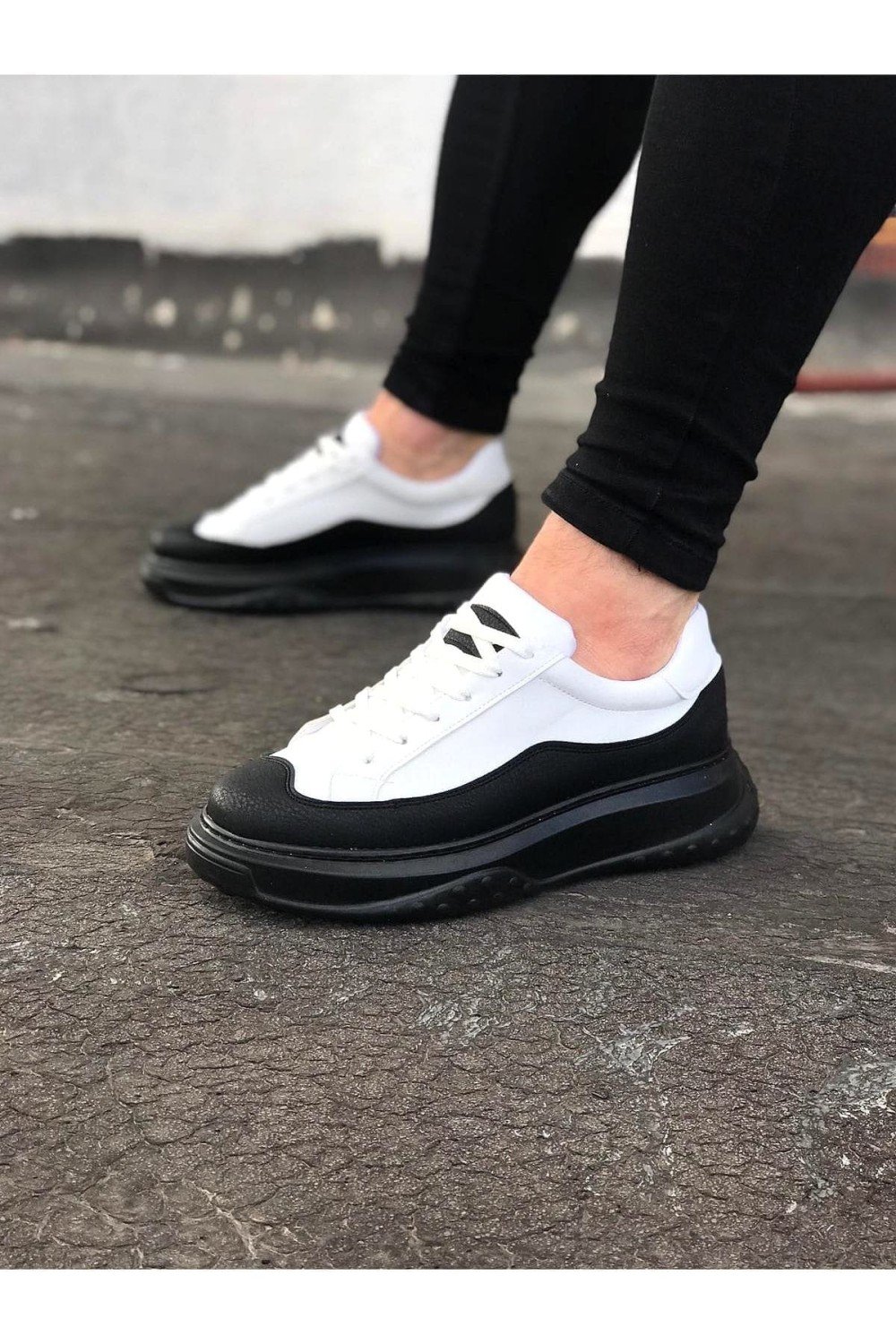 WG507 Erkek Günlük Bağcıklı Cilt Spor Sneaker Ayakkabı CST - Beyaz/Siyah – Wagoon Erkek Ayakkabı